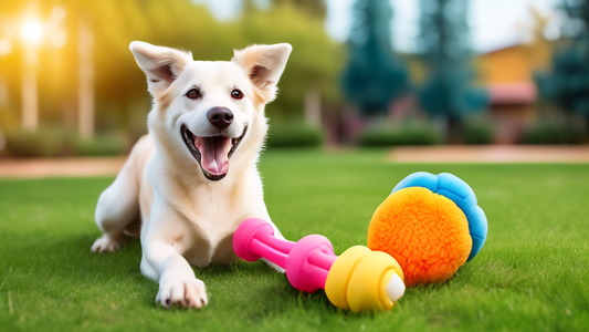 Create an image of a happy dog playing with colorful and durable Zippy Paws dog toys in a cheerful outdoor setting. The dog toys should include different shapes like bones, balls, and plush animals, s