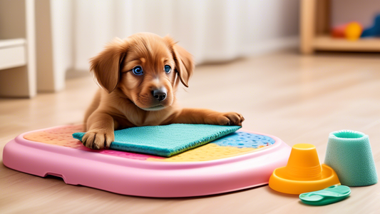 Create an image of a cute and playful puppy in a cozy, homey environment, with various potty training essentials around. Show the puppy sitting on a colorful training pad, with a small reward treat ne