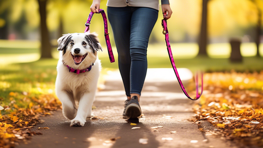 Create an image that shows a happy dog owner walking their dog in a beautiful park, using a bright and colorful Biothane dog lead. Emphasize the durability, flexibility, and waterproof qualities of th