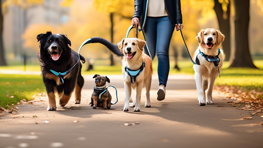 An informative and visually engaging scene showcasing the best retractable dog leashes in a park setting. Various dogs of different breeds and sizes are being walked by their owners, each using a dist