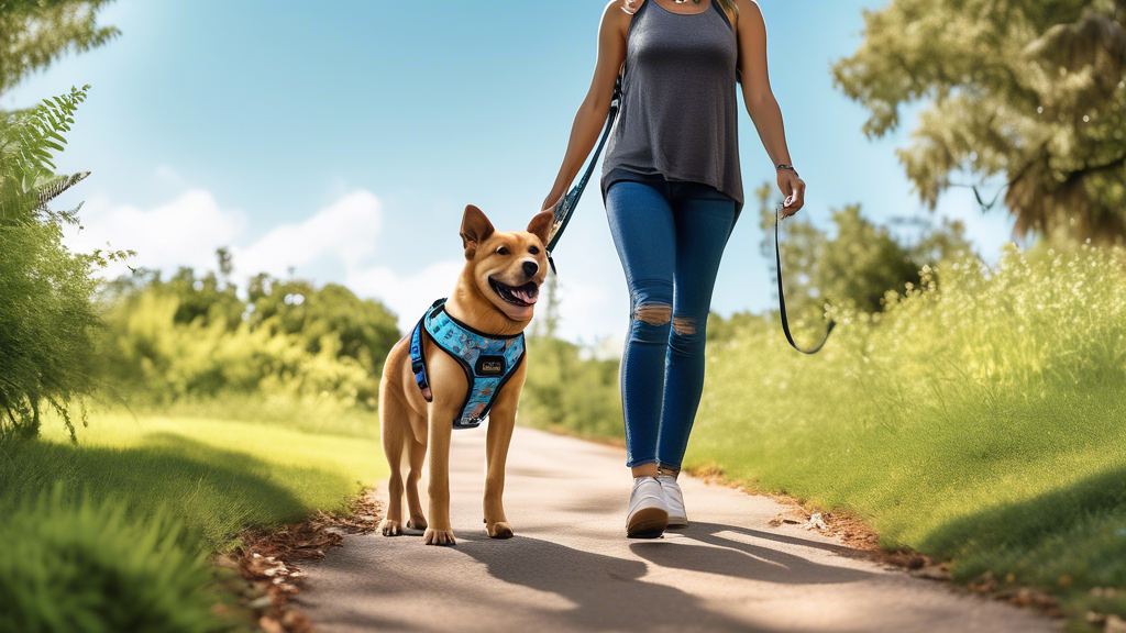 Create an image of a stylish and vibrant dog wearing the Wild One Dog Harness, walking happily alongside its owner in a scenic park. The harness should be prominently featured, showcasing its design, 