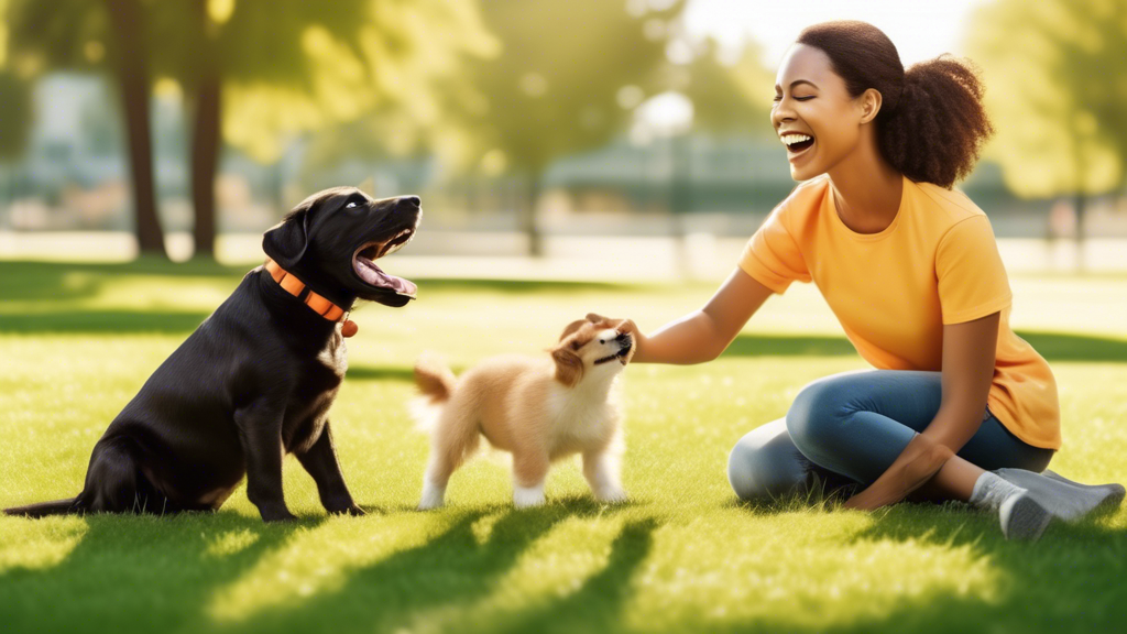 Create an image of a cheerful dog trainer in a grassy park, using positive reinforcement techniques to teach a friendly, young puppy basic commands like sit and stay. Include visual elements like trea