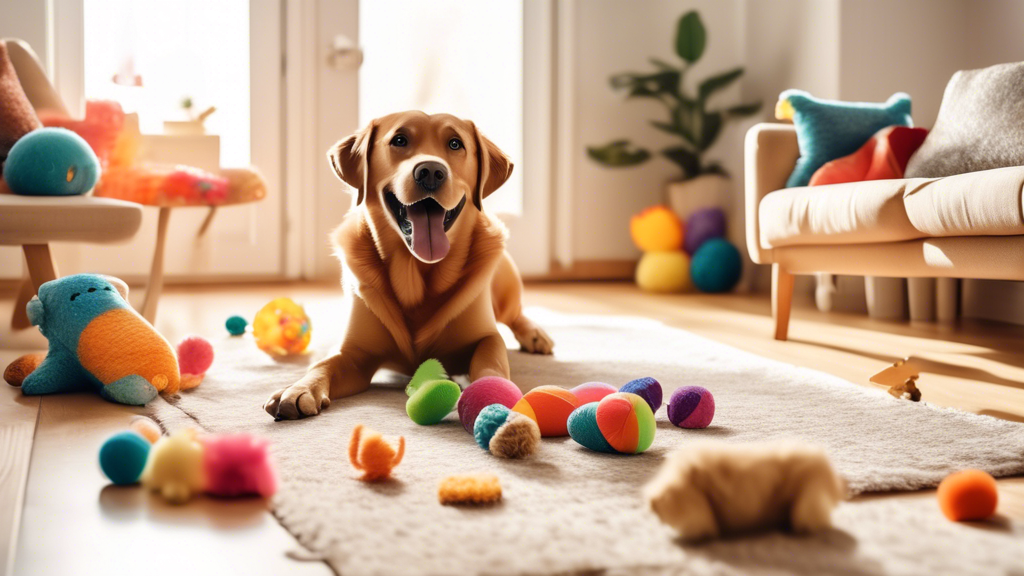 A joyful scene in a bright, spacious living room, with a variety of colorful and interesting dog toys neatly arranged on the floor. In the center, a happy, medium-sized dog, perhaps a Labrador Retriev