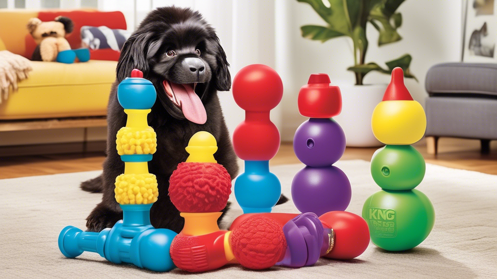 Create a vibrant and dynamic image of various Kong pet toys in a playful setting. Showcase different types of Kong products like the classic rubber dog toy, puzzle toys, and treat-dispensing toys, all