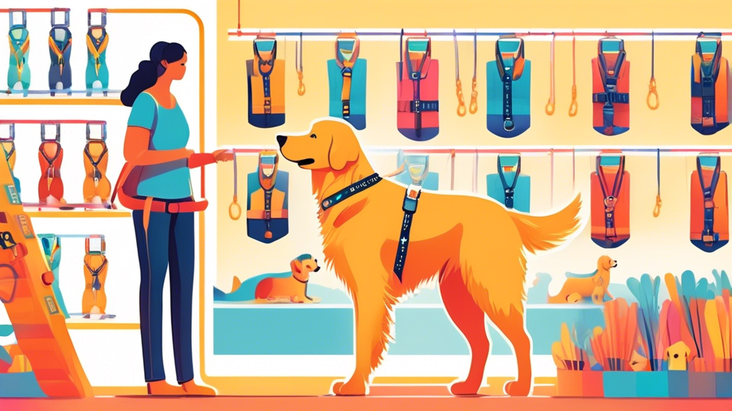 A person browsing a wall display of various types and sizes of dog harnesses in a sunny pet store, with a friendly golden retriever standing beside them, trying on a colorful harness, with a knowledge