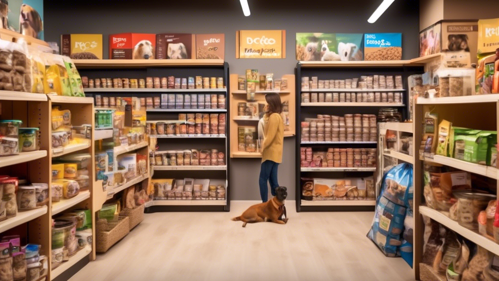 Create a heartwarming scene of a cozy pet store displaying a variety of dog food brands on neatly organized shelves, all labeled with affordable prices. In the background, show happy pet owners chatti