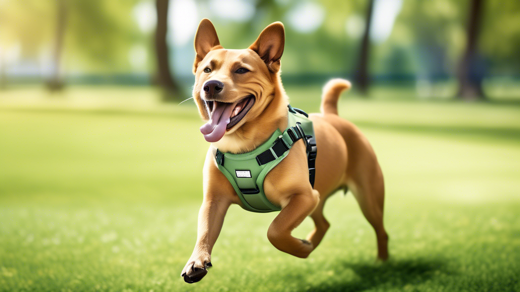 Create an image of a happy dog wearing a sleek and stylish sage green harness. The harness should be comfortable, well-fitted and made with high-quality materials. The dog is at a park with a backgrou