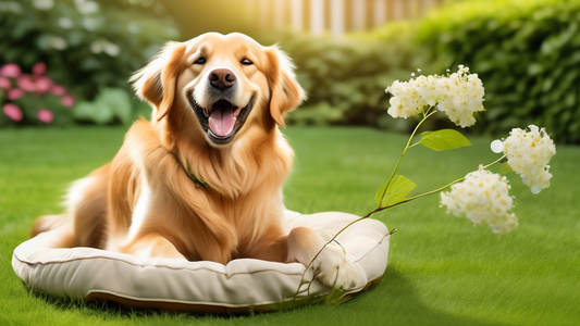 Create an image of a happy dog playing with a Petstages Dogwood Stick in a lush green backyard. The dog, a cheerful Golden Retriever, is enthusiastically chewing on the Dogwood Stick, demonstrating ho