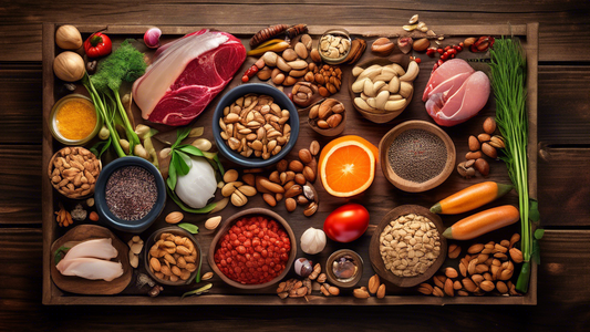 Create an image that showcases a variety of premium raw food ingredients sourced from reputable suppliers. Include a diverse range of fresh produce, organic meats, seafood, and gourmet nuts and seeds 