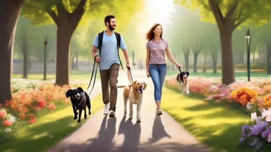 Create an image of a happy dog owner walking two dogs using a specialized two dog leash. The three are walking in a beautiful park with trees and flowers. The dogs appear well-behaved and are walking 