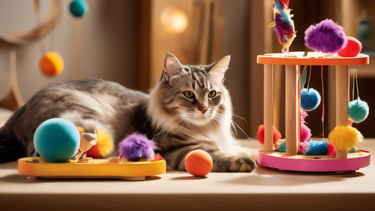 Create an image of a playful, interactive setting featuring a variety of colorful, innovative cat toys designed for chewing. Show cats of different breeds engaging with these toys, each displaying a s