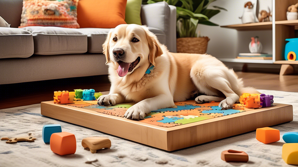 Create an image of a happy dog surrounded by various interactive puzzle toys in a cozy living room. The dog is engaged with a treat-dispensing puzzle, while other toys like a snuffle mat, a tug-a-jug,