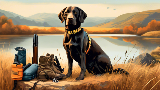 Create an image of a well-organized outdoor gear setup for gun dogs, featuring high-quality hunting accessories such as training collars, whistles, water bottles, protective vests, and sturdy leashes,