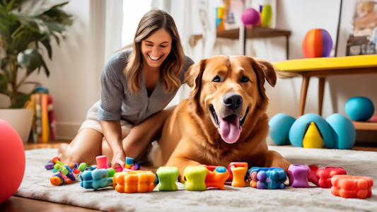 Create an image of a joyful, energetic large dog playing with a variety of Benebone chew toys in a colorful, cozy living room. The scene should include a neatly organized shelf stocked with different 