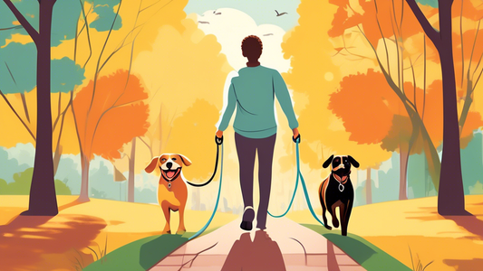 Create an image of a happy pet owner walking two well-behaved dogs using a dual dog leash in a picturesque park. The owner should look relaxed and content, while the dogs appear coordinated and joyful
