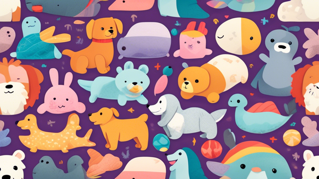 Illustration of a variety of adorable and durable plush dog toys arranged neatly on a colorful background. The toys include cute animals like a bear, a bunny, a whale, and a dragon, all with stitched 