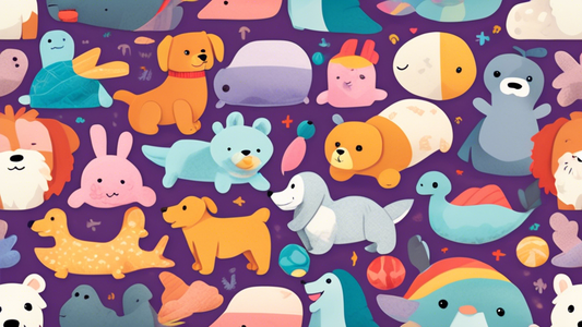 Illustration of a variety of adorable and durable plush dog toys arranged neatly on a colorful background. The toys include cute animals like a bear, a bunny, a whale, and a dragon, all with stitched 
