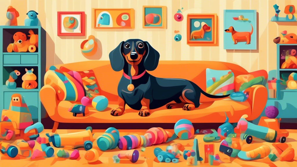 Create an image of a joyful Dachshund surrounded by a variety of colorful toys such as chew toys, plush animals, squeaky balls, and interactive puzzle toys, all set in a cozy living room.