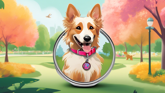 Create an image featuring a cheerful dog wearing a stylish collar with an embedded AirTag holder. The background should display a lush park setting with other playful dogs and their owners. Highlight 
