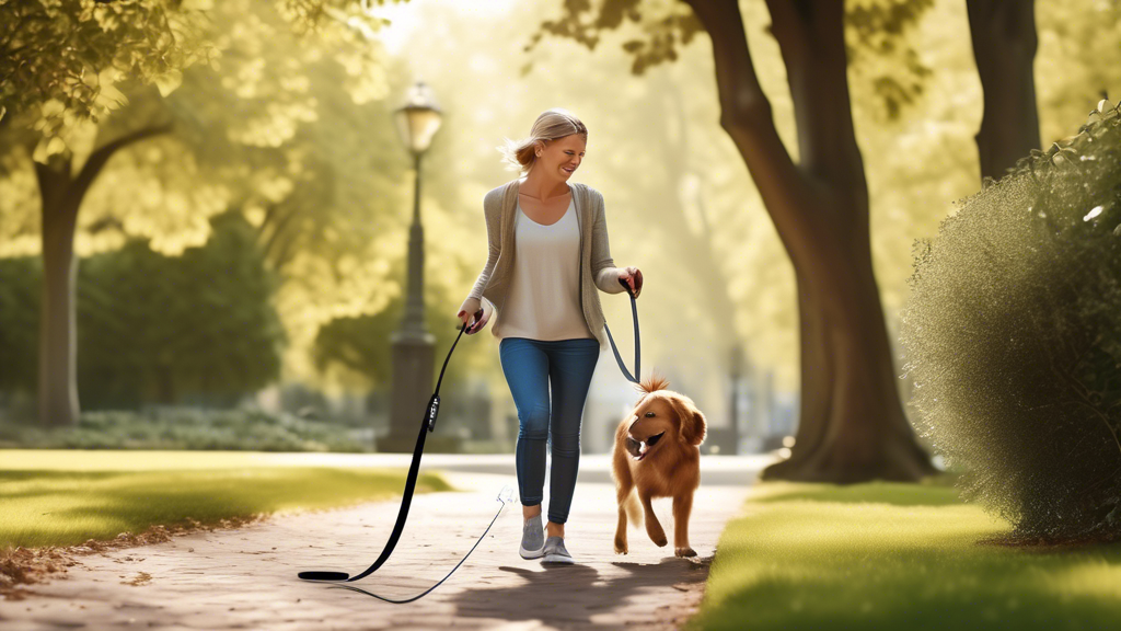 A realistic image showing a joyful dog walking with its owner in a picturesque park, connected by a Flexi retractable dog lead. The dog is exploring freely, sniffing around trees and bushes, while the