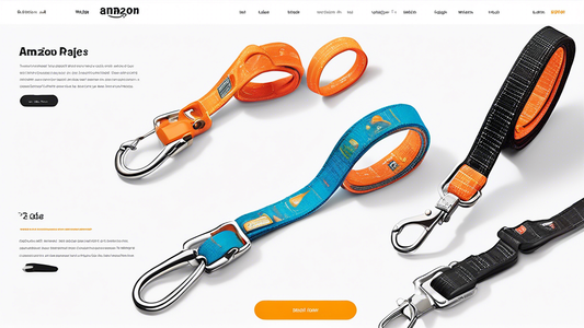 Create an image of a vibrant Amazon product page displaying various stylish and innovative dog leads. The leads should be shown in a variety of colors and designs, including eco-friendly materials and