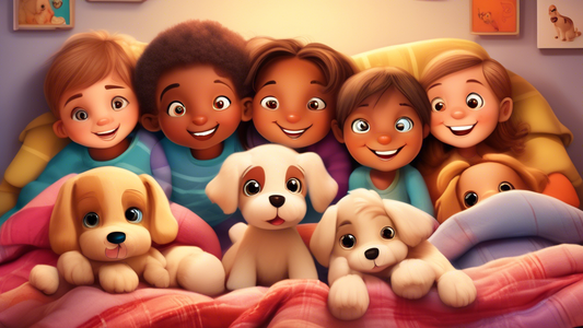 Create an illustration featuring a cozy, plush puppy toy with big, friendly eyes snuggling in close with a group of happy children. The scene should be warm and inviting, set in a cozy, soft-lit bedro