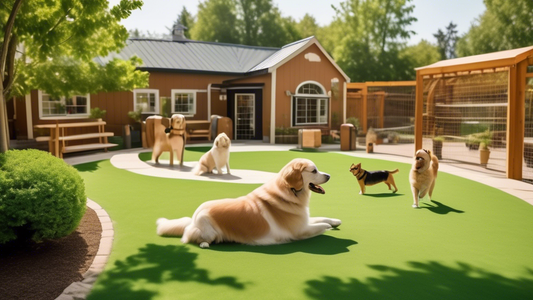 A picturesque image of a cozy, welcoming dog training facility set in a green, landscaped area with professional trainers interacting with happy, well-behaved dogs. The scene should include a diverse 