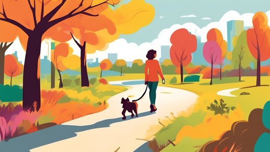 Create an image of a person walking their dog in a scenic park using a heavy-duty retractable dog leash. The leash should look robust and sturdy, with the dog happily exploring the surroundings. Show 
