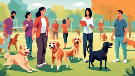A group of professional dog trainers working with various breeds of dogs in an outdoor training facility, each trainer demonstrating different training techniques and exercises while the dogs respond 