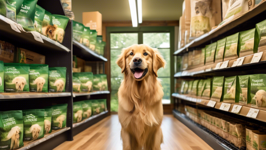 A serene pet store aisle with neatly arranged, eco-friendly packaging of 'Nature's Logic' dog food on the shelves. In the foreground, a happy golden retriever excitedly reaching for a bag with a lush,