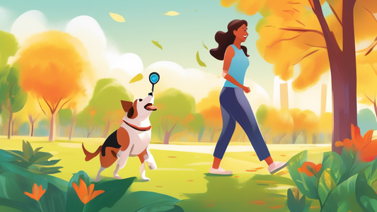 Create an image depicting a happy dog owner using a PetSafe Remote Trainer to train their obedient dog in a sunny, spacious park. The dog should be attentive and performing a trick or following a comm