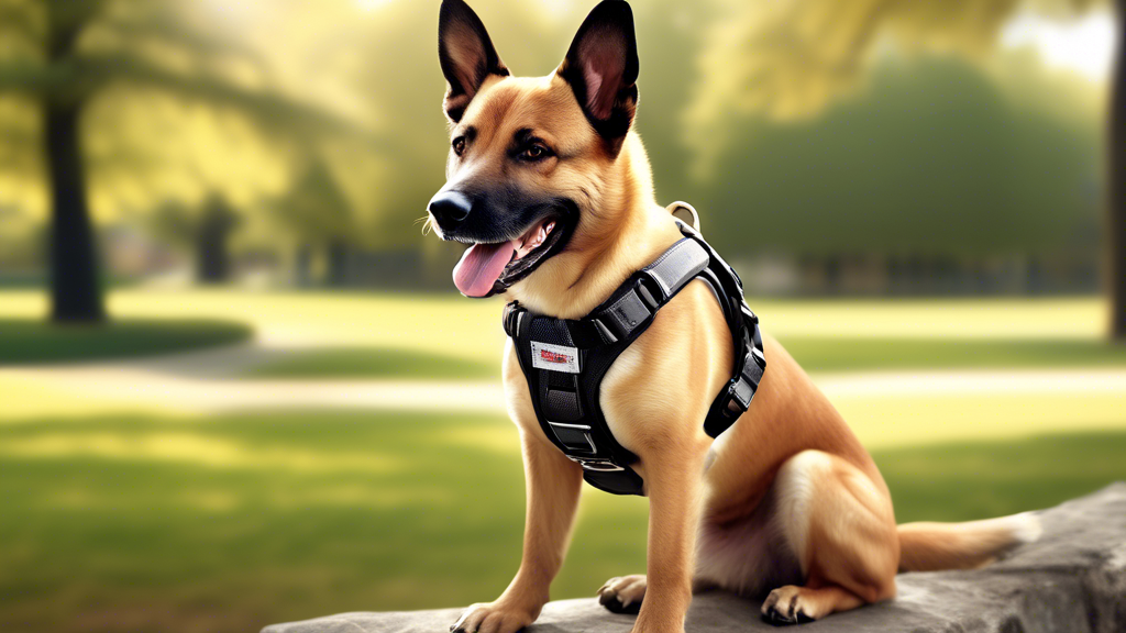 Create a detailed image depicting a happy dog wearing a modern, comfortable, personalized harness. The harness should be ergonomically designed, with adjustable straps and soft padding. It should also