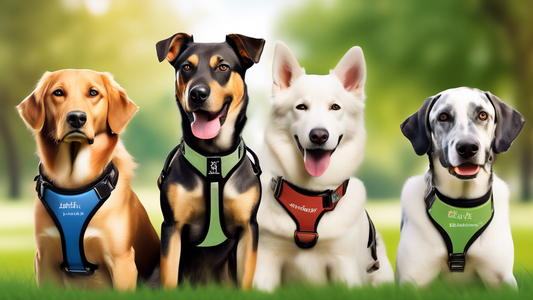 Create an image of a diverse array of dogs wearing different types of head harnesses, such as Halti, Gentle Leader, and a martingale collar. Each dog displays a variety of breeds and sizes, positioned