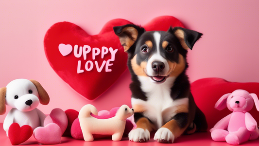 Create a colorful and vibrant scene featuring a variety of adorable dog toys designed specifically for Valentine’s Day. Include heart-shaped chew toys, plush toys in red and pink hues, and some toys f