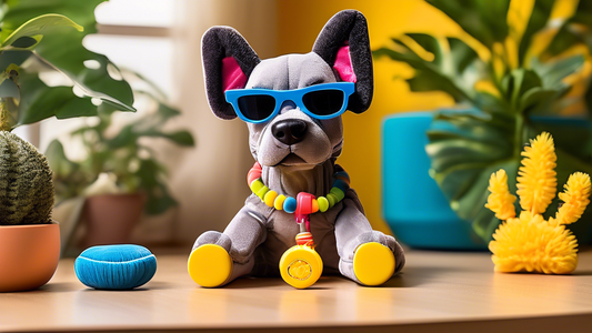 Image of a playful and vibrant dog toy inspired by Snoop Dogg, featuring fun and colorful elements like hip-hop accessories, shades, and a miniature microphone. The toy is being joyfully interacted wi