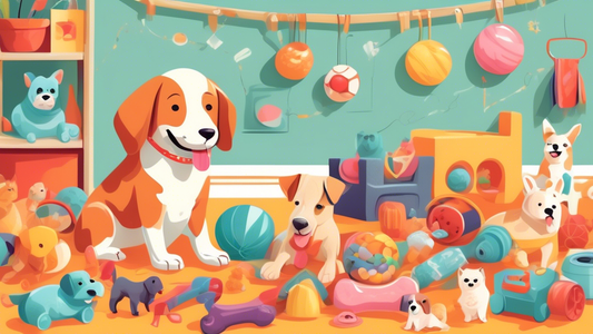 An engaging and colorful illustration of a variety of dog toys suitable for different life stages: a playful puppy surrounded by chew toys and soft plushies, an active adult dog with fetch toys like b