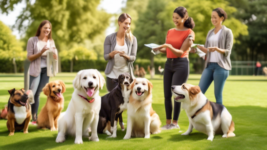 Create an image of a cheerful dog training session in a lush park. Show a diverse group of happy, well-behaved dogs and their owners, all engaged in positive reinforcement training activities with a p