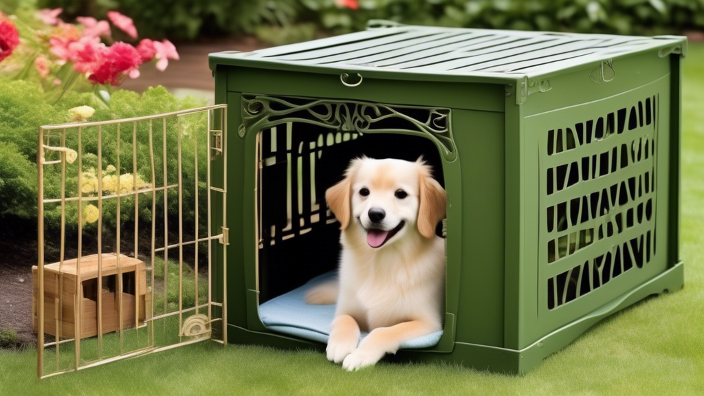 Create an image of a variety of outdoor dog crates placed in a lush, green garden. Each crate is different in style and material – some are made of sturdy metal, others are wooden, and there are also 