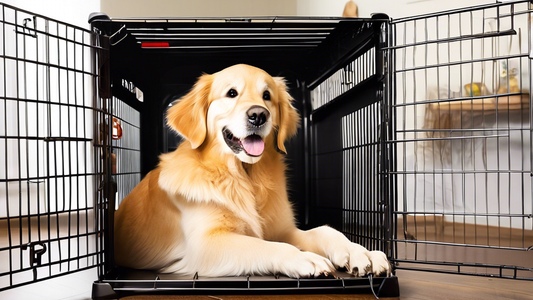 Create a detailed image of a golden retriever happily sitting in a spacious and cozy dog crate. The crate should be well-ventilated with a soft bed, chew toys, and a water bowl inside. Show a variety 