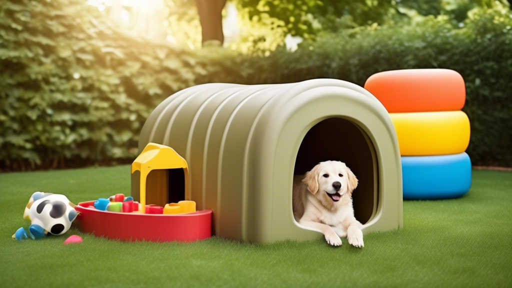 Create an image of a spacious, well-designed dog pen situated in a backyard garden. The pen has secure yet stylish fencing, lush grass, and a cozy, shaded doghouse. Inside the pen, a happy dog plays w