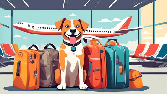 An image of a happy dog sitting next to a variety of stylish and functional travel bags, with each bag showcasing special compartments for dog essentials like food, toys, and water bottles. The backdr