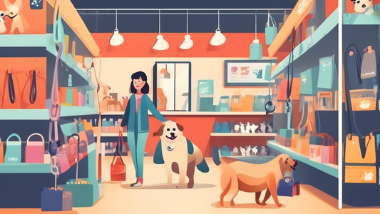 Create an image of a dog owner in a pet store carefully selecting a slip leash for their dog. The scene should include a variety of slip leashes on display in different colors and materials, with info