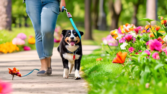 A happy dog being walked by its owner using a Flexi retractable dog leash in a vibrant park. The scene is lively with other dogs playing, lush greenery, and blooming flowers. The retractable leash is 