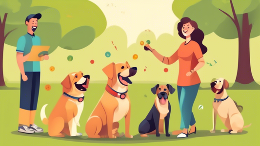 Create an image of a cheerful dog trainer in a well-maintained park, demonstrating various training techniques with different dog breeds. The trainer should be shown using positive reinforcement metho