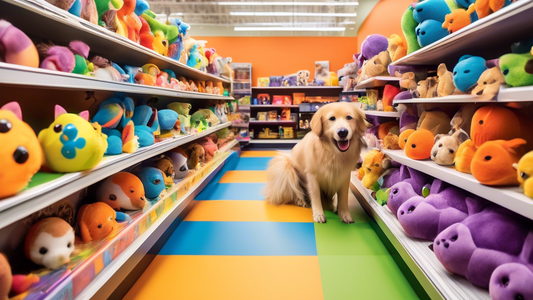 Create a vibrant and engaging scene inside a pet store aisle showcasing a variety of colorful and fun pet toys on display. The toys should include squeaky bones, plush animals, interactive balls, and 