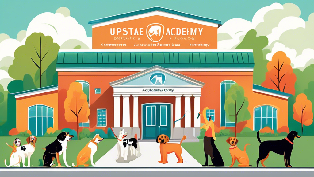 Create an image of a vibrant and welcoming Upstate Canine Academy, surrounded by lush greenery. Dogs of various breeds exhibit their skills in a spacious training area, guided by enthusiastic trainers