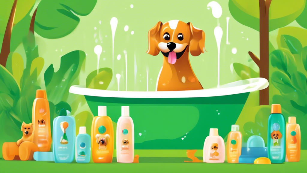 Create an image showcasing a happy, well-groomed dog with a shiny coat, surrounded by Chi Dog Shampoo and Conditioner bottles. The scene should depict the dog enjoying a playful moment in a lush green
