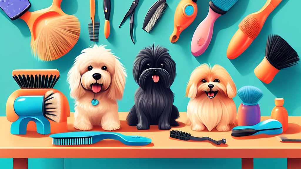 Create an image of a cheerful pet grooming scene with various types of dog grooming brushes displayed neatly on a table. Include different dog breeds happily being brushed by their owners, showcasing 