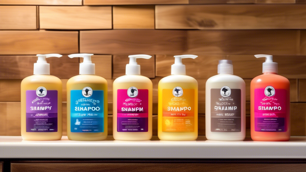 A high-quality photograph of various top-performing dog shampoo bottles arranged neatly on a wooden bathroom counter, each with vibrant labels showcasing benefits like shiny coat, healthy skin, and al