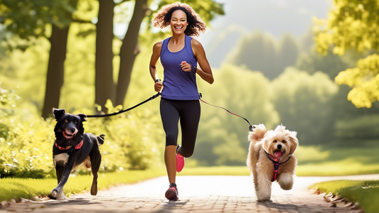 Create an image showing a joyful person jogging in a scenic park, hands-free with a dog running happily beside them, attached securely to a Kong Hands-Free Leash. The leash is comfortably strapped aro